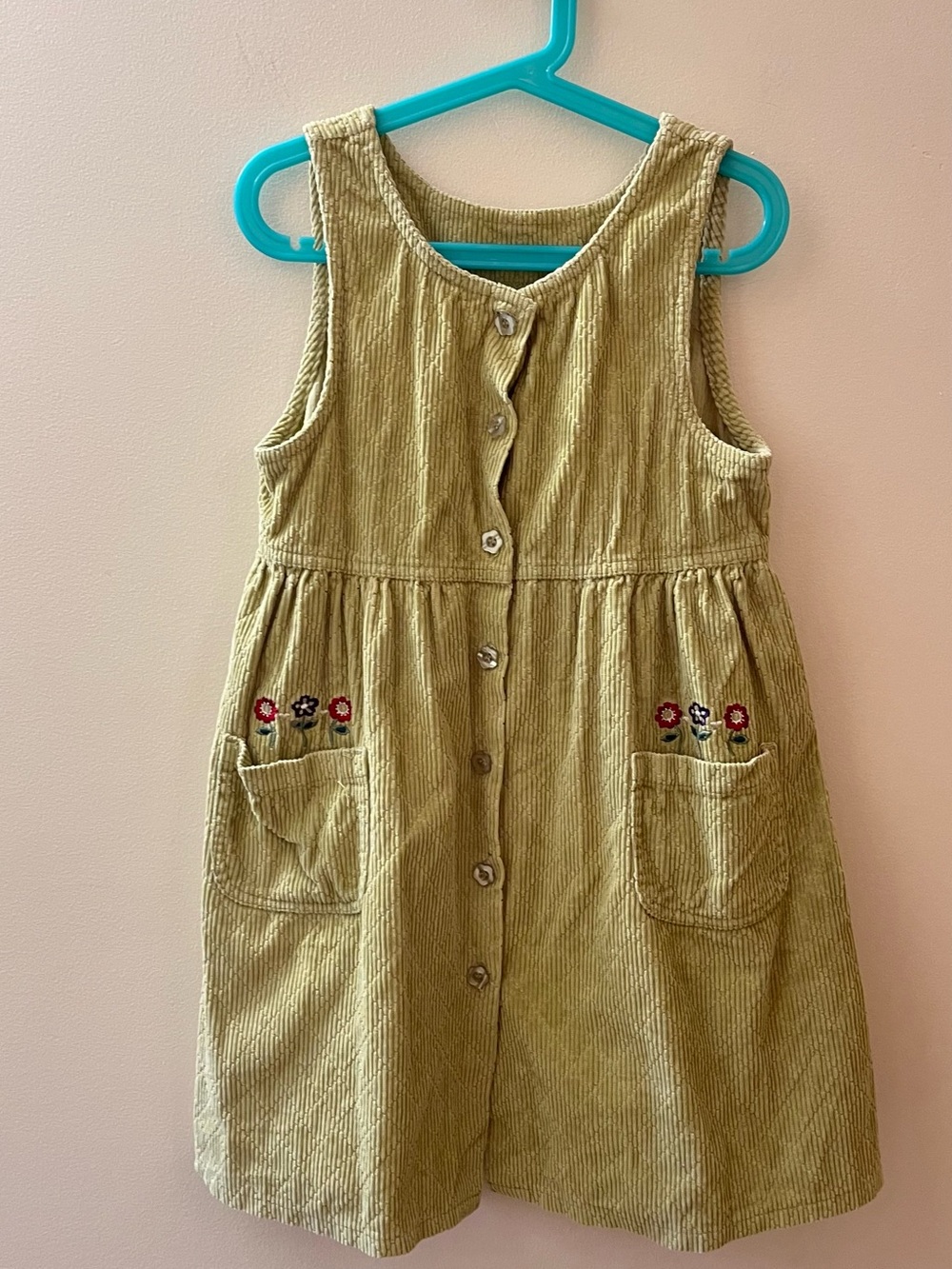 Vtg McKids Green Corduroy Button-Front Kids Dress with Pocket Embroidery